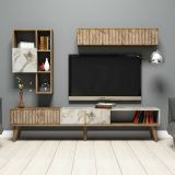 Parete attrezzata Gemini, Set da soggiorno modulabile, Mobile salotto multiuso, Armadio porta TV moderno, 180x35h40 cm, Noce e Bianco Marmo