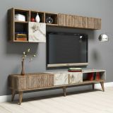 Parete attrezzata Gemini, Set da soggiorno modulabile, Mobile salotto multiuso, Armadio porta TV moderno, 180x35h40 cm, Noce e Bianco Marmo