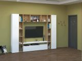Parete attrezzata Gilberto, Set salotto porta TV a 3 ante, Mobile soggiorno multiuso, 100% Made in Italy, cm 270x35h210, Bianco lucido e Rovere