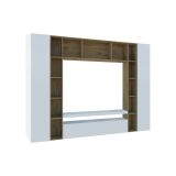 Parete attrezzata Gilberto, Set salotto porta TV a 3 ante, Mobile soggiorno multiuso, 100% Made in Italy, cm 270x35h210, Bianco lucido e Rovere