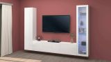 Parete attrezzata Girolamo, Set salotto porta TV a 3 ante, Mobile soggiorno multiuso con vetrina e luce LED, 100% Made in Italy, cm 260x30h180, Bianco lucido
