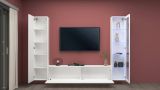 Parete attrezzata Girolamo, Set salotto porta TV a 3 ante, Mobile soggiorno multiuso con vetrina e luce LED, 100% Made in Italy, cm 260x30h180, Bianco lucido