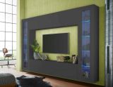 Parete attrezzata Giuliano, Set salotto porta TV a 4 ante, Mobile soggiorno multiuso con vetrina e luce LED, 100% Made in Italy, cm 260x30h180, Antracite