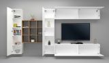 Parete attrezzata Gualtiero, Set salotto porta TV a 4 ante, Mobile soggiorno multiuso, 100% Made in Italy, cm 350x30h180, Bianco lucido