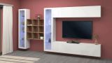 Parete attrezzata Gustavo, Set salotto porta TV a 4 ante, Mobile soggiorno multiuso con vetrina e luce LED, 100% Made in Italy, cm 350x30h180, Bianco lucido
