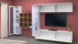 Parete attrezzata Gustavo, Set salotto porta TV a 4 ante, Mobile soggiorno multiuso con vetrina e luce LED, 100% Made in Italy, cm 350x30h180, Bianco lucido