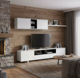 Parete attrezzata Hartford, Mobile da soggiorno porta TV, Composizione set salotto, Set salotto con pensile, 200x41h46 cm, Bianco lucido