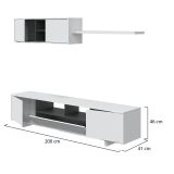 Parete attrezzata Hartford, Mobile da soggiorno porta TV, Composizione set salotto, Set salotto con pensile, 200x41h46 cm, Bianco lucido