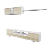 Parete attrezzata Hartford, Mobile da soggiorno porta TV, Composizione set salotto, Set salotto con pensile, 260x41h46 cm, Bianco lucido e Rovere