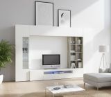 Parete attrezzata Iago, Set salotto porta TV, Mobile soggiorno multiuso, 100% Made in Italy, cm 290x40h192, Bianco lucido e Cemento