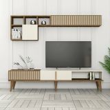 Parete attrezzata Kepler, Composizione soggiorno, Mobile salotto multiuso, Armadio porta TV, 180x35 h40 cm, Noce e Crema