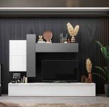 Parete attrezzata Lavagnina, Composizione soggiorno, Mobile salotto multiuso, Armadio porta TV, Made in Italy, 276x40 h190 cm, Bianco lucido e Ardesia