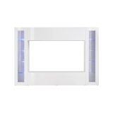 Parete attrezzata Luigi, Set salotto porta TV a 4 ante, Mobile soggiorno multiuso, 100% Made in Italy, cm 260x30h180, Bianco lucido, con luce LED blu e due vetrine