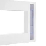 Parete attrezzata Luigi, Set salotto porta TV a 4 ante, Mobile soggiorno multiuso, 100% Made in Italy, cm 260x30h180, Bianco lucido, con luce LED blu ed una vetrina