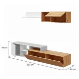 Parete attrezzata Miami, Mobile da soggiorno porta TV reversibile, Composizione per salotto con pensile e mensola, 220x40h44 cm, Rovere effetto nodi e Bianco