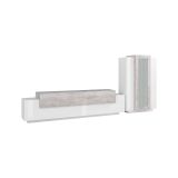 Parete attrezzata Mirko, Set salotto porta TV, Mobile soggiorno multiuso, 100% Made in Italy, cm 280x45h121, Bianco lucido e Cemento