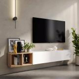 Parete attrezzata Miseno, Composizione soggiorno, Mobile salotto multiuso, Armadio porta TV, Made in Italy, 194x30 h29 cm, Bianco lucido e Rovere