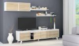 Parete attrezzata Orlando, Mobile da soggiorno porta TV, Composizione per salotto con pensile e mensola, 200x50h41 cm, Bianco e Rovere