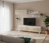 Parete attrezzata Orlando, Mobile da soggiorno porta TV, Composizione per salotto con pensile e mensola, 200x50h41 cm, Bianco e Rovere
