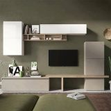 Parete attrezzata Pozzillo, Composizione soggiorno, Mobile salotto multiuso, Armadio porta TV, Made in Italy, 290x40 h195 cm, Bianco lucido e Rovere