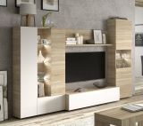 Parete attrezzata Raleigh, Mobile da soggiorno porta TV modulare, Composizione salotto con pensili e vetrine e luce led, 260x42h185 cm, Rovere e Bianco