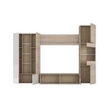Parete attrezzata Raleigh, Mobile da soggiorno porta TV modulare, Composizione salotto con pensili e vetrine e luce led, 260x42h185 cm, Rovere e Bianco