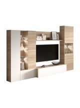 Parete attrezzata Raleigh, Mobile da soggiorno porta TV modulare, Composizione salotto con pensili e vetrine e luce led, 260x42h185 cm, Rovere e Bianco