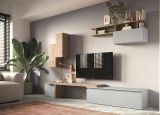 Parete attrezzata Rascino, Composizione soggiorno, Mobile salotto multiuso, Armadio porta TV, Made in Italy, 290x40 h210 cm, Rovere e Grigio chiaro