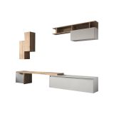 Parete attrezzata Rascino, Composizione soggiorno, Mobile salotto multiuso, Armadio porta TV, Made in Italy, 290x40 h210 cm, Rovere e Grigio chiaro