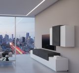Parete attrezzata Ruben, Set salotto porta TV, Mobile soggiorno multiuso, 100% Made in Italy, cm 240x45h180, Bianco lucido e Ardesia