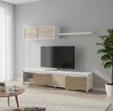 Parete attrezzata Savannah, Mobile da soggiorno porta TV, Composizione set salotto, Set salotto con pensile, 200x41h43 cm, Bianco e Rovere