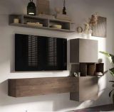 Parete attrezzata Scandarello, Composizione soggiorno, Mobile salotto multiuso, Armadio porta TV, Made in Italy, 215x30 h190 cm, Noce e Grigio