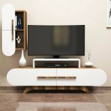 Parete attrezzata Segin, Set da soggiorno modulabile, Mobile salotto multiuso, Armadio porta TV moderno, 145x37h50 cm, Noce e Bianco