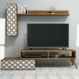 Parete attrezzata Sterope, Set da soggiorno modulabile, Mobile salotto multiuso, Armadio porta TV moderno, 150x37h38 cm, Noce e Bianco