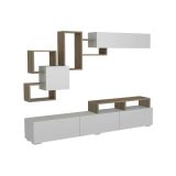 Parete attrezzata Thalassa, Set da soggiorno modulabile, Mobile salotto multiuso, Armadio porta TV moderno, 210x37h47 cm, Bianco e Noce