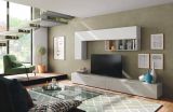 Parete attrezzata Tulsa, Mobile da soggiorno porta TV, Composizione per salotto con pensile, 260x42h32 cm, Cemento e Bianco