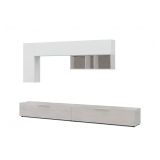 Parete attrezzata Tulsa, Mobile da soggiorno porta TV, Composizione per salotto con pensile, 260x42h32 cm, Cemento e Bianco