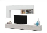 Parete attrezzata Tulsa, Mobile da soggiorno porta TV, Composizione per salotto con pensile, 260x42h32 cm, Cemento e Bianco