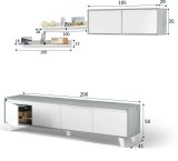 Parete attrezzata Vergennes, Set da soggiorno, Mobile salotto multiuso, Parete attrezzata moderna, 200x41h50 cm, Cemento e Bianco lucido