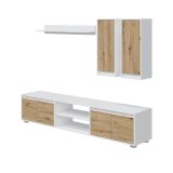 Parete attrezzata Wells, Set da soggiorno, Mobile salotto multiuso, Composizione per salotto moderno, 200x40h114 cm, Bianco e Rovere
