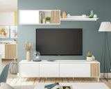 Parete attrezzata Woonsocket, Armadietto soggiorno con ante, Armadio pensile con mensola, Credenza multiuso, 200x40h47 cm, Bianco e Rovere