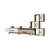 Parete attrezzata Zephyria, Set da soggiorno modulabile, Mobile salotto multiuso, Armadio porta TV moderno, 205x37h50 cm, Noce e Bianco