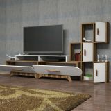 Parete attrezzata Zephyria, Set da soggiorno modulabile, Mobile salotto multiuso, Armadio porta TV moderno, 205x37h50 cm, Noce e Bianco