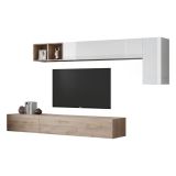 Parete salotto in legno e metallo 276cm bianca lucida e rovere - Barumini