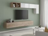 Parete salotto in legno e metallo 276cm bianca lucida e rovere - Barumini