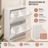 Pattumiera Bianco Capacità 72 (18 per Secchio) Fissaggio a Muro Opzionale 60x25x93h cm, 4 Cestini - Anukhatun
