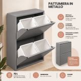 Pattumiera Grigio Capacità 72 (18 per Secchio) Fissaggio a Muro Opzionale 60x25x93h cm, 4 Cestini - Anukhatun