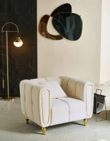 Poltrona Branco, Seduta imbottita, Divano singolo da salotto, Sedia con braccioli, 81x97 h71 cm, Crema e Oro