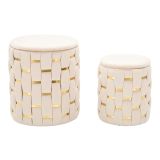Pouf Contenitore Bianco Crema oro set da 2 Forma Rotondo 37x37x42h cm, Colore Struttura oro - Kasane