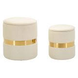 Pouf Contenitore Bianco Crema oro set da 2 Forma Rotondo 37x37x42h cm, Colore Struttura oro - Maun